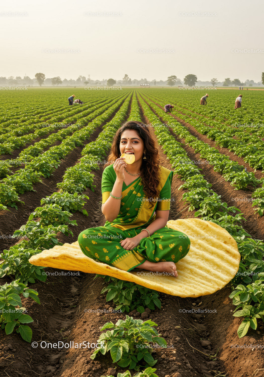 Woman enjoying snack in vibrant green potato field