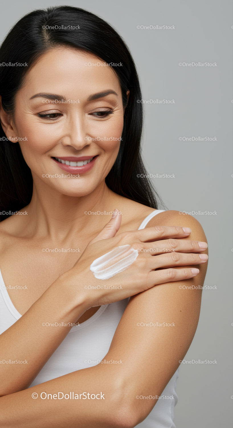Beautiful Asian Woman Applying Lotion on Shoulder for Skin Care