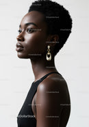 Elegant Black Woman in Pearl Earrings Wearing Stylish Black Dress