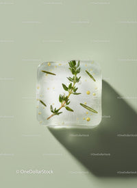 Herb and Oil Frozen in Clear Ice Cube on Green Background