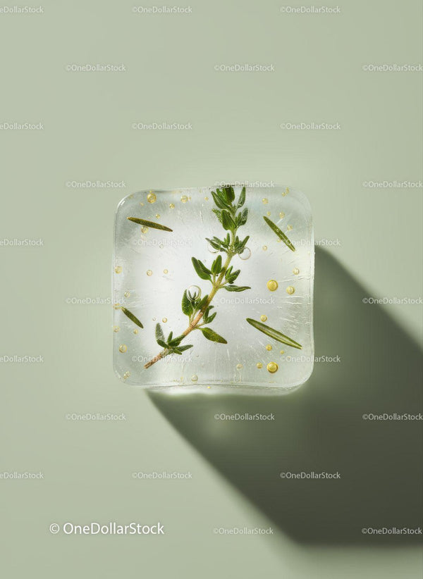 Herb and Oil Frozen in Clear Ice Cube on Green Background