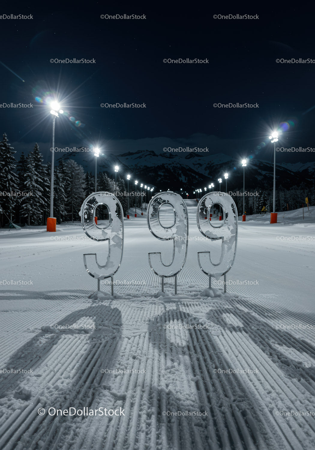 Glowing numeric ice sculptures on snowy nighttime slope