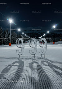 Glowing numeric ice sculptures on snowy nighttime slope