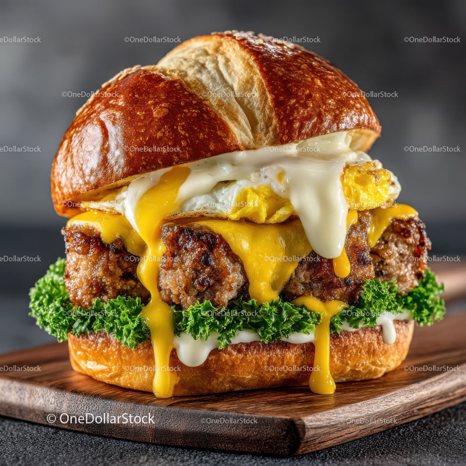 Wykwintny burger z smażonymi klopsikami, jajkiem sadzonym i serem