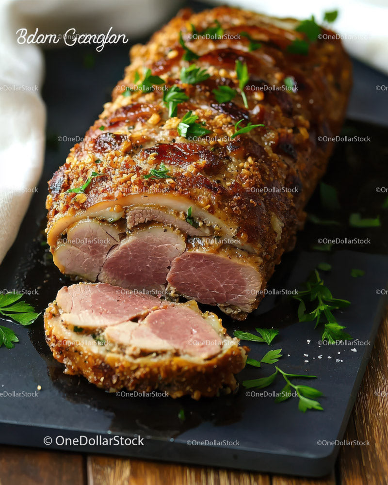 Gourmet Breaded Beef Roll with Crispy Crust and Herb Garnish