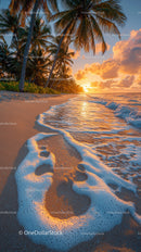 Sunset at Tropical Beach with Palm Trees and Ocean Waves