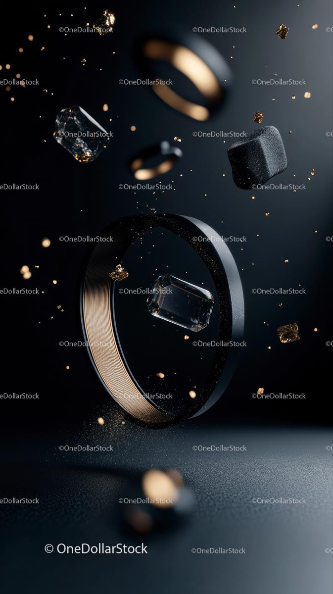 Luxurious Black and Gold Ring with Floating Ice Cubes and Gold Particles