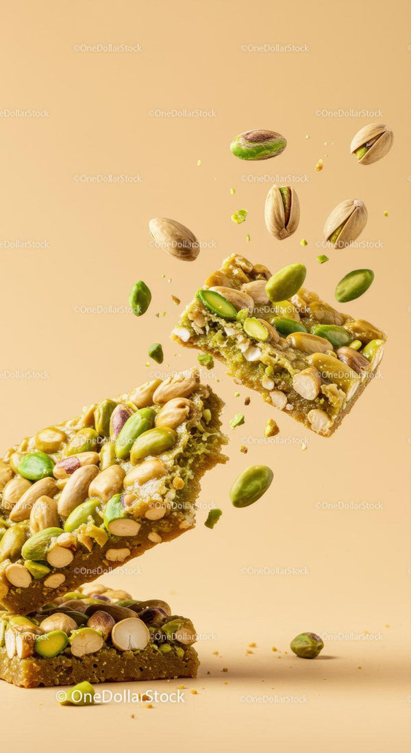 Nut and pistachio brittle breaking with flying nuts