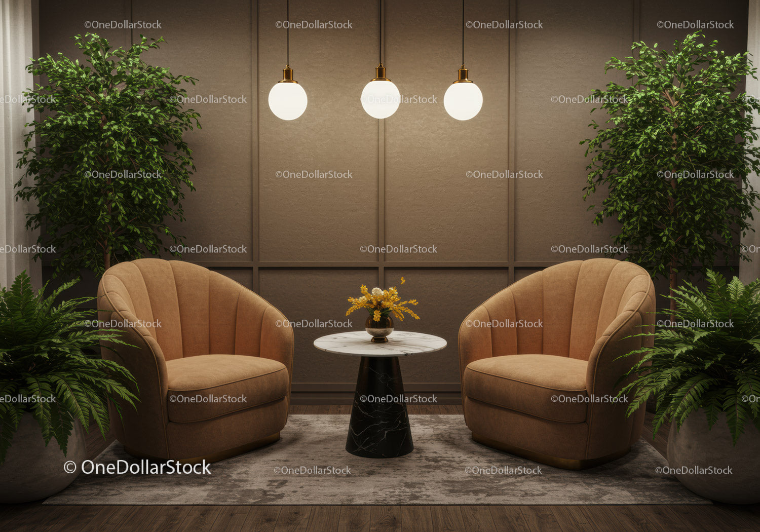 Cozy seating area with armchairs and greenery