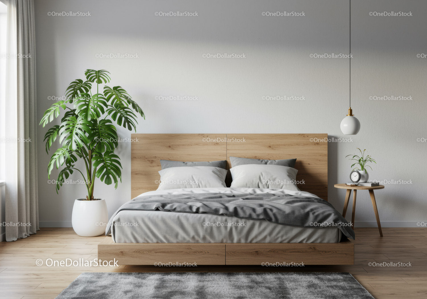 Modern Bedroom with Monstera Plant and Wooden Bed Frame