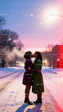 Couple sharing a tender kiss on snowy winter evening