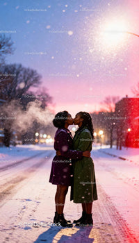 Couple sharing a tender kiss on snowy winter evening