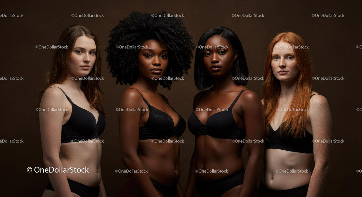 Diverse women in black lingerie express confidence and natural beauty