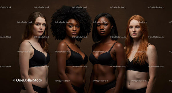 Diverse women in black lingerie express confidence and natural beauty