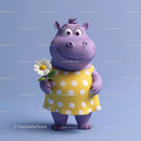 Cute Cartoon Hippo Holding Sunflower in Yellow Dress for Kids Illustration