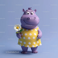 Cute Cartoon Hippo Holding Sunflower in Yellow Dress for Kids Illustration