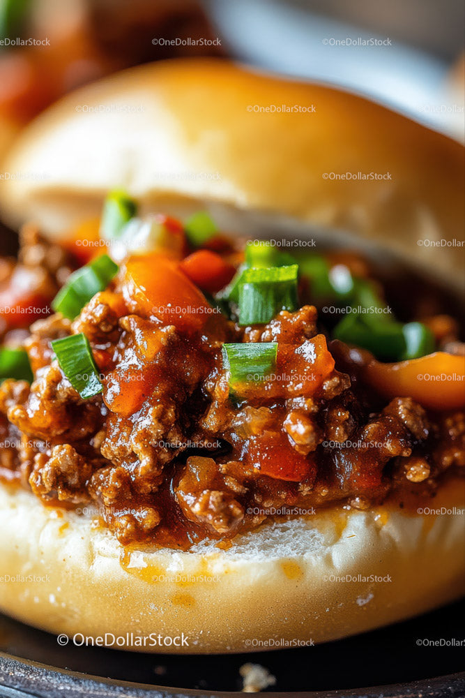 Soczysta kanapka Sloppy Joe z mieloną wołowiną i zieloną cebulką