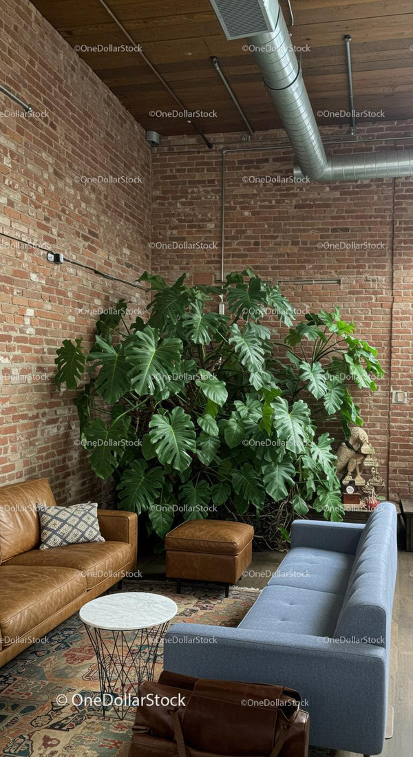 Modern Living Room with Large Green Monstera and Industrial Brick Wall