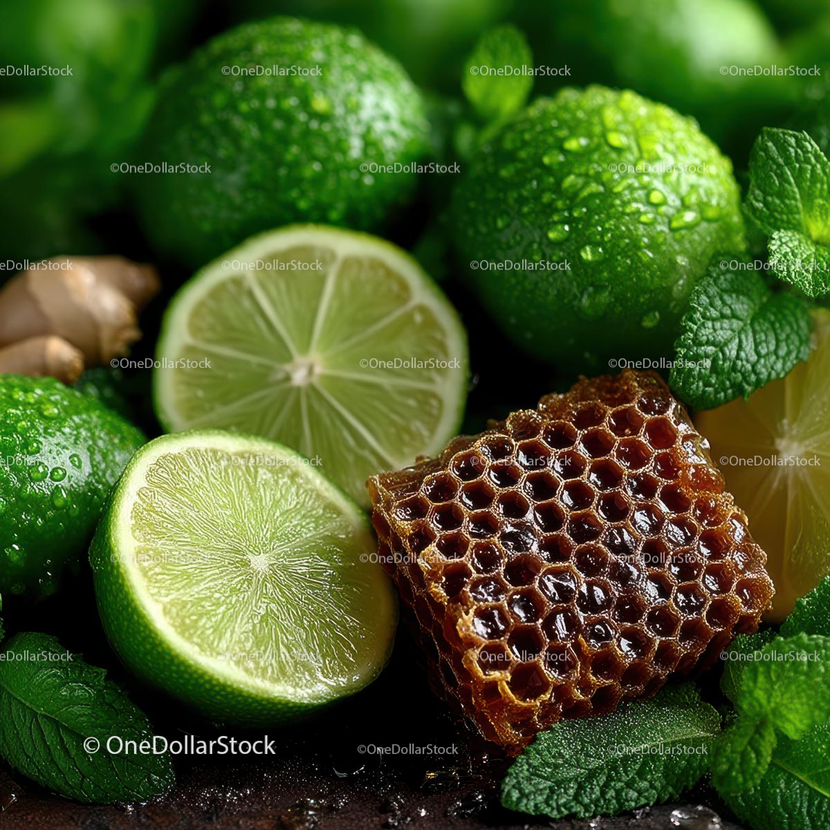 Fresh Limes, Mint Leaves and Honeycomb for Delicious Recipes