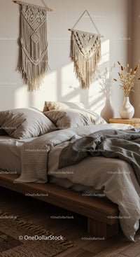 Cozy bedroom with boho macrame wall decor and natural light