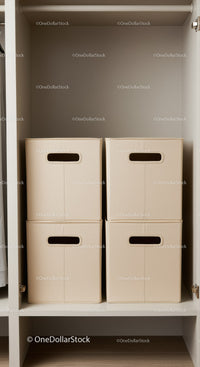 Modern Closet with Beige Fabric Storage Boxes and Shelving