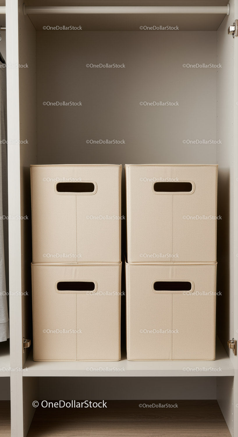 Modern Closet with Beige Fabric Storage Boxes and Shelving