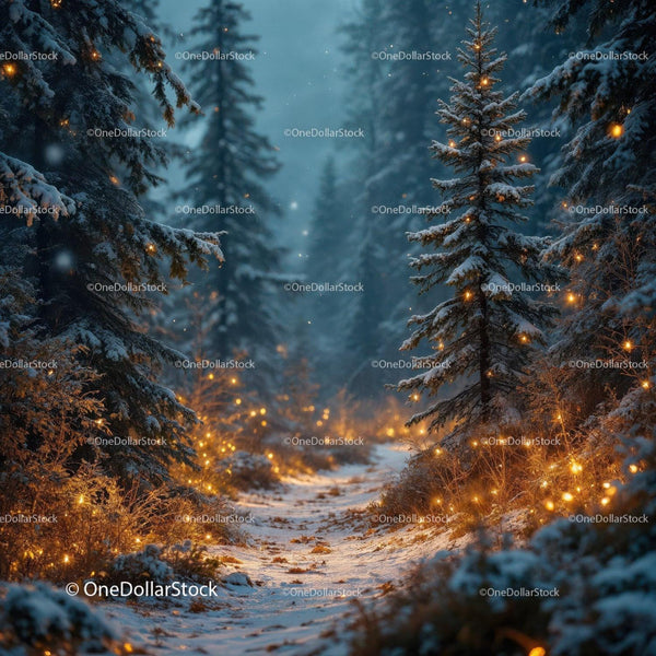 Snowy forest path illuminated by warm fairy lights