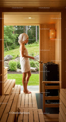 Woman in Towel Relaxing in Sauna with Forest View
