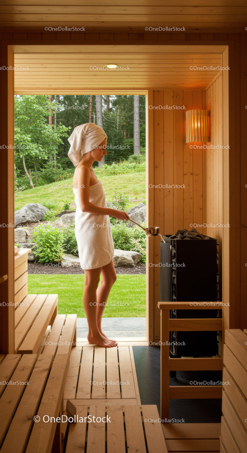 Woman in Towel Relaxing in Sauna with Forest View