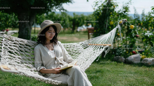 Woman Relaxing in Hammock Reading a Book in Bright Garden