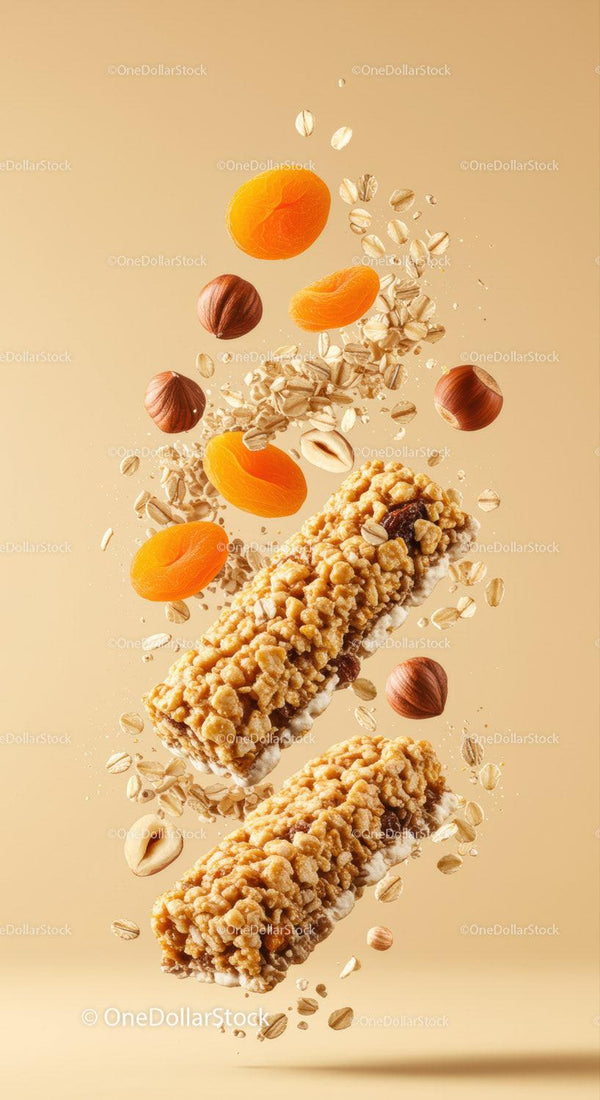 Healthy granola bars with nuts and dried apricots floating