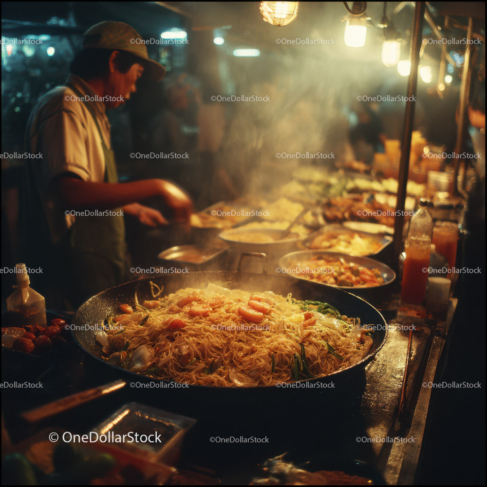 Street Food Market Scene Featuring Steaming Noodles and Culinary Delights
