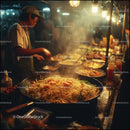 Street Food Market Scene Featuring Steaming Noodles and Culinary Delights