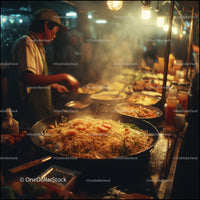 Street Food Market Scene Featuring Steaming Noodles and Culinary Delights