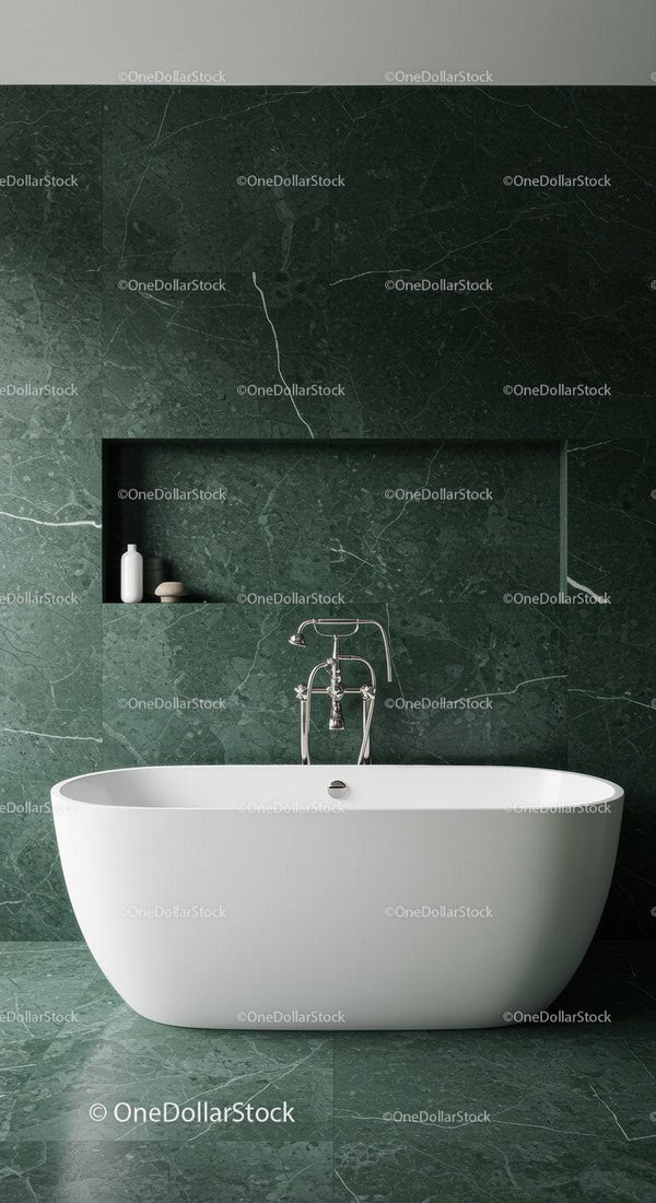 Elegant Green Marble Bathroom with White Freestanding Bathtub