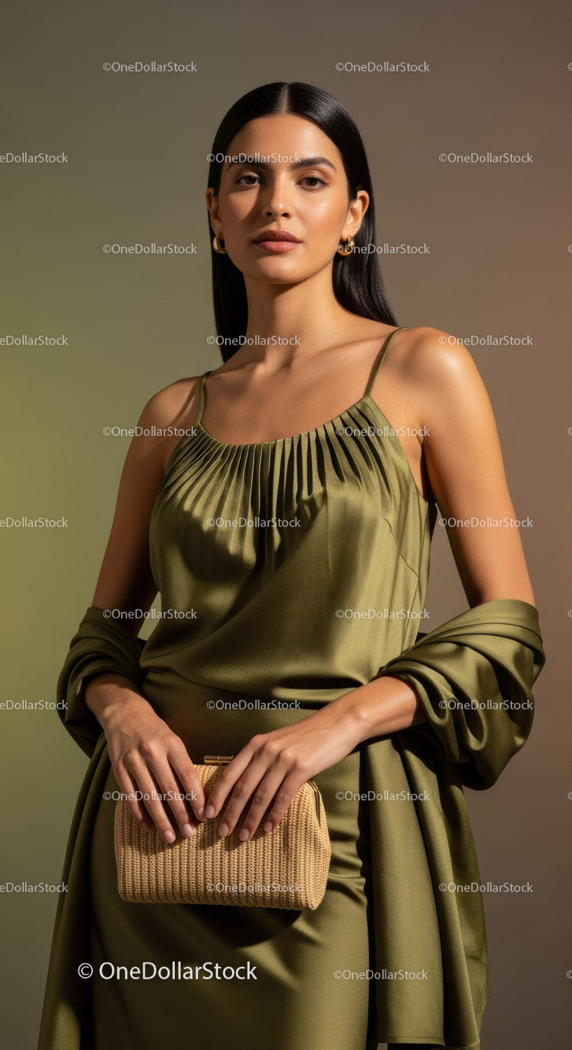 Elegancka kobieta w satynowej sukience z beżową kopertówką do fotografii modowej