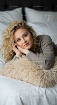 Relaxed young woman lying on bed with cozy pillow