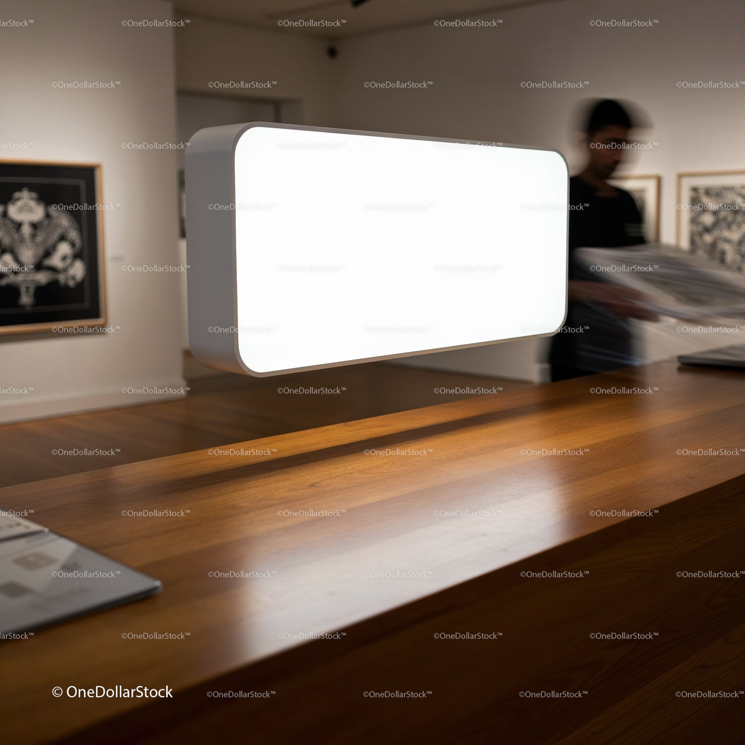 Modern art gallery reception with glowing display panel