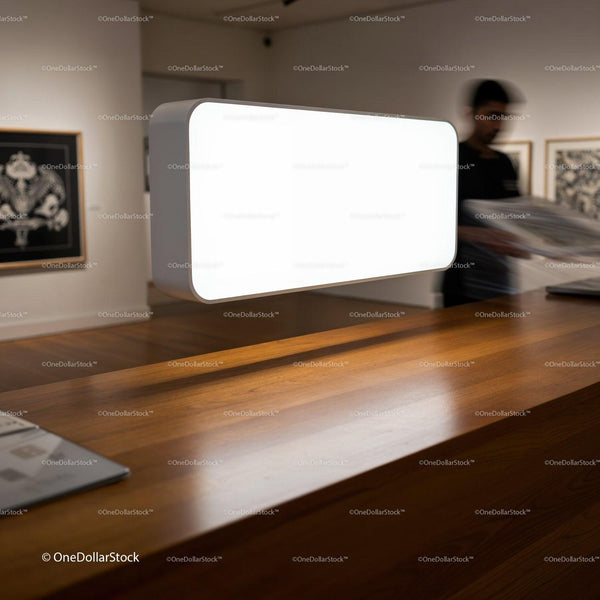 Modern art gallery reception with glowing display panel JPG Mockup Image