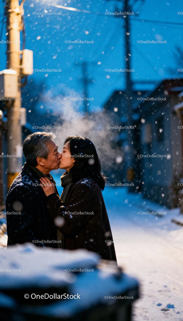 Couple sharing a tender kiss in snowy winter evening