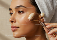 Close-Up of Asian Woman Receiving Facial Skincare Treatment with Jade Roller