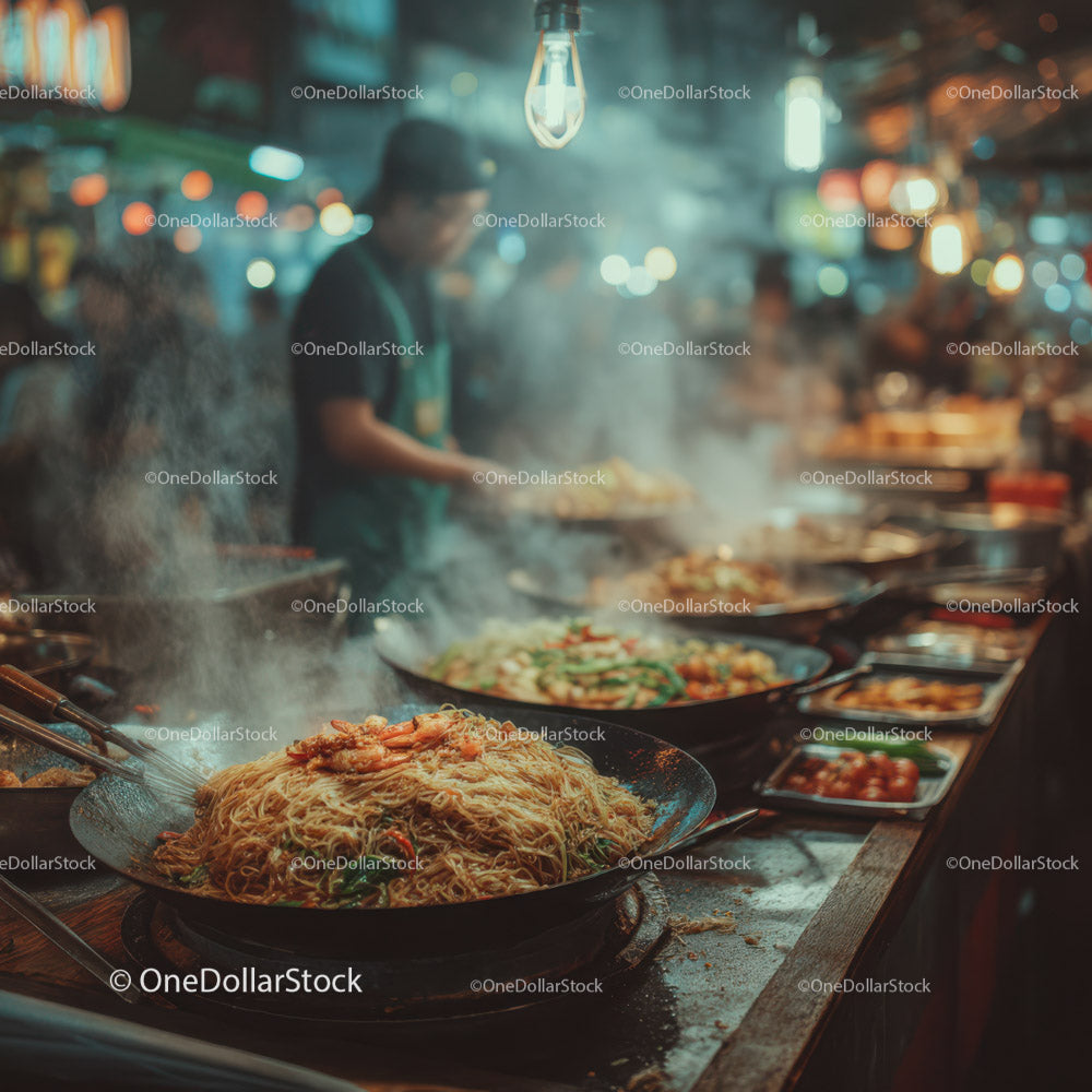 Street Food Stall with Steaming Noodles and Fresh Vegetables