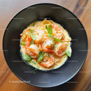Shrimp Fettuccine Pasta with Basil and Cherry Tomatoes in Creamy Sauce
