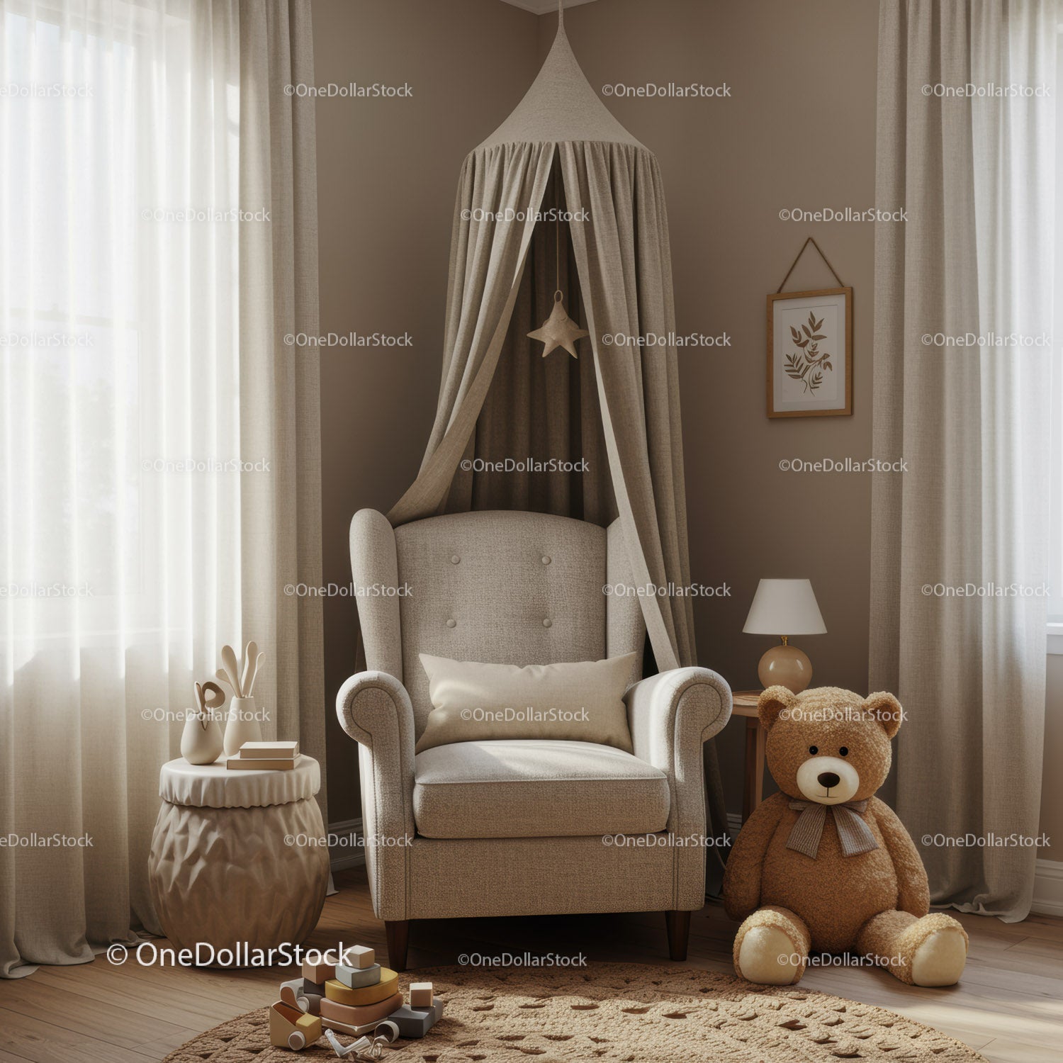 Cozy Reading Nook with Plush Armchair and Teddy Bear