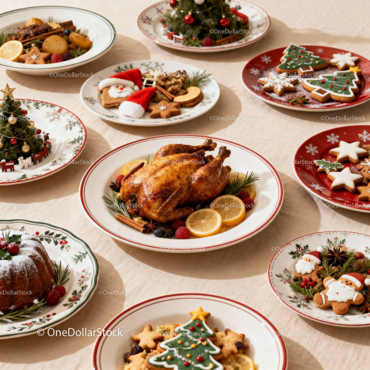 Festive Christmas Dinner Table with Roast Chicken and Cookies