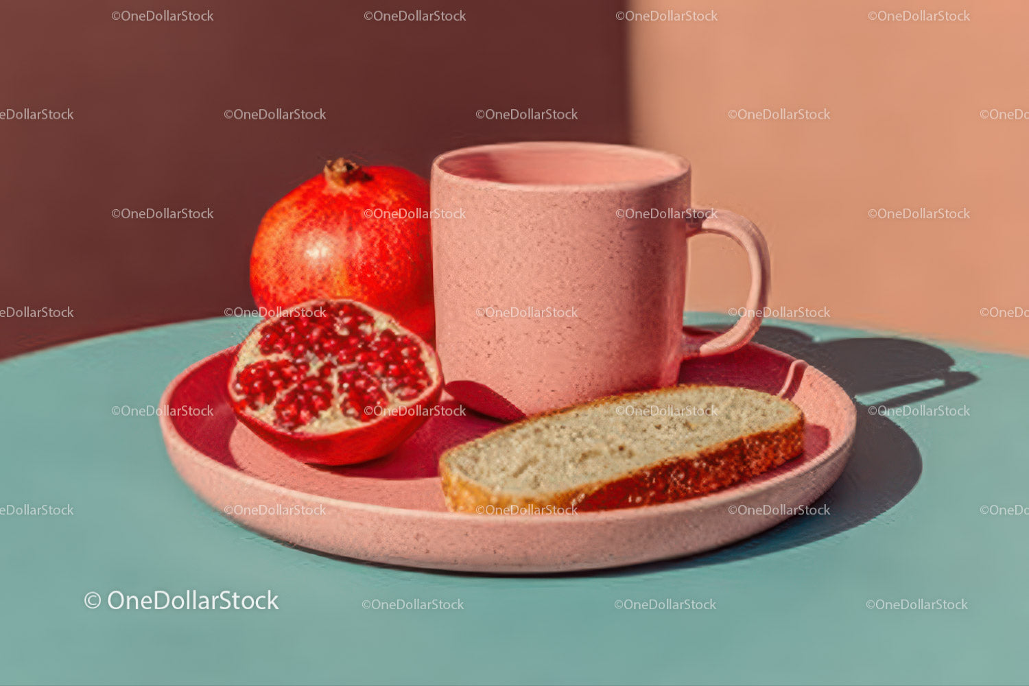 Świeży granat i chleb na pastelowym talerzu w przytulnej scenerii śniadaniowej