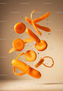 Fresh carrot slices and peels floating midair