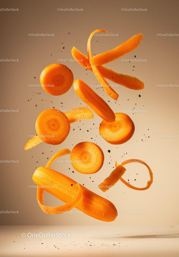 Fresh carrot slices and peels floating midair