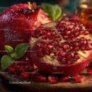 Fresh Pomegranate Halves with Juicy Seeds and Green Leaves