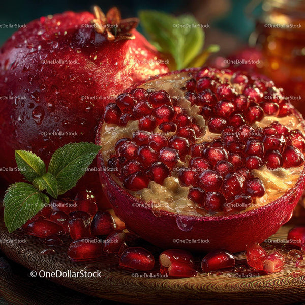Fresh Pomegranate Halves with Juicy Seeds and Green Leaves